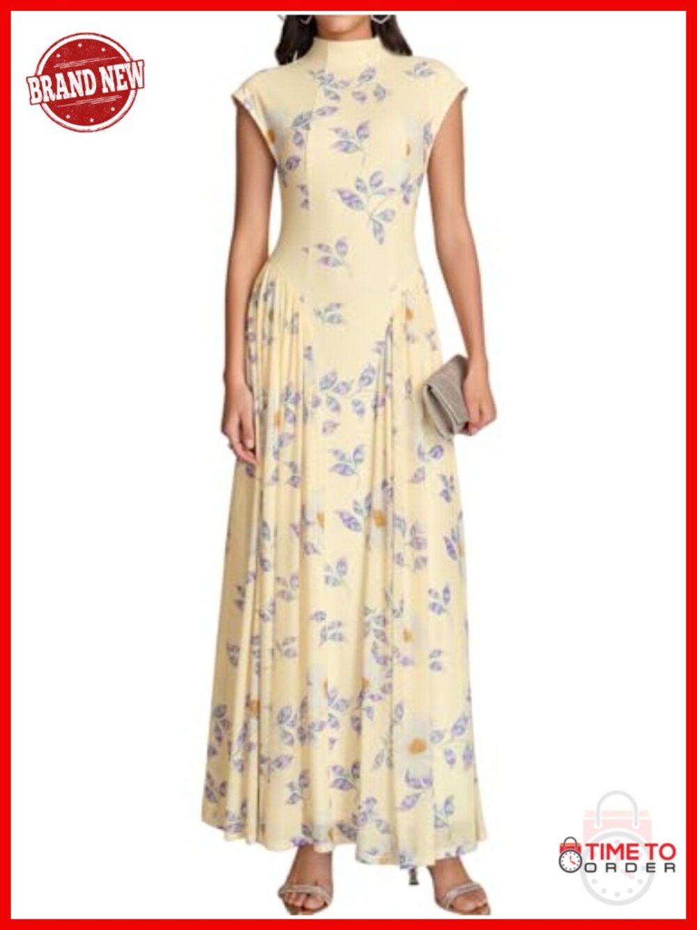 Women's Floral Maxi Dress Mock Neck Cap Sleeve Formal Wedding Guest